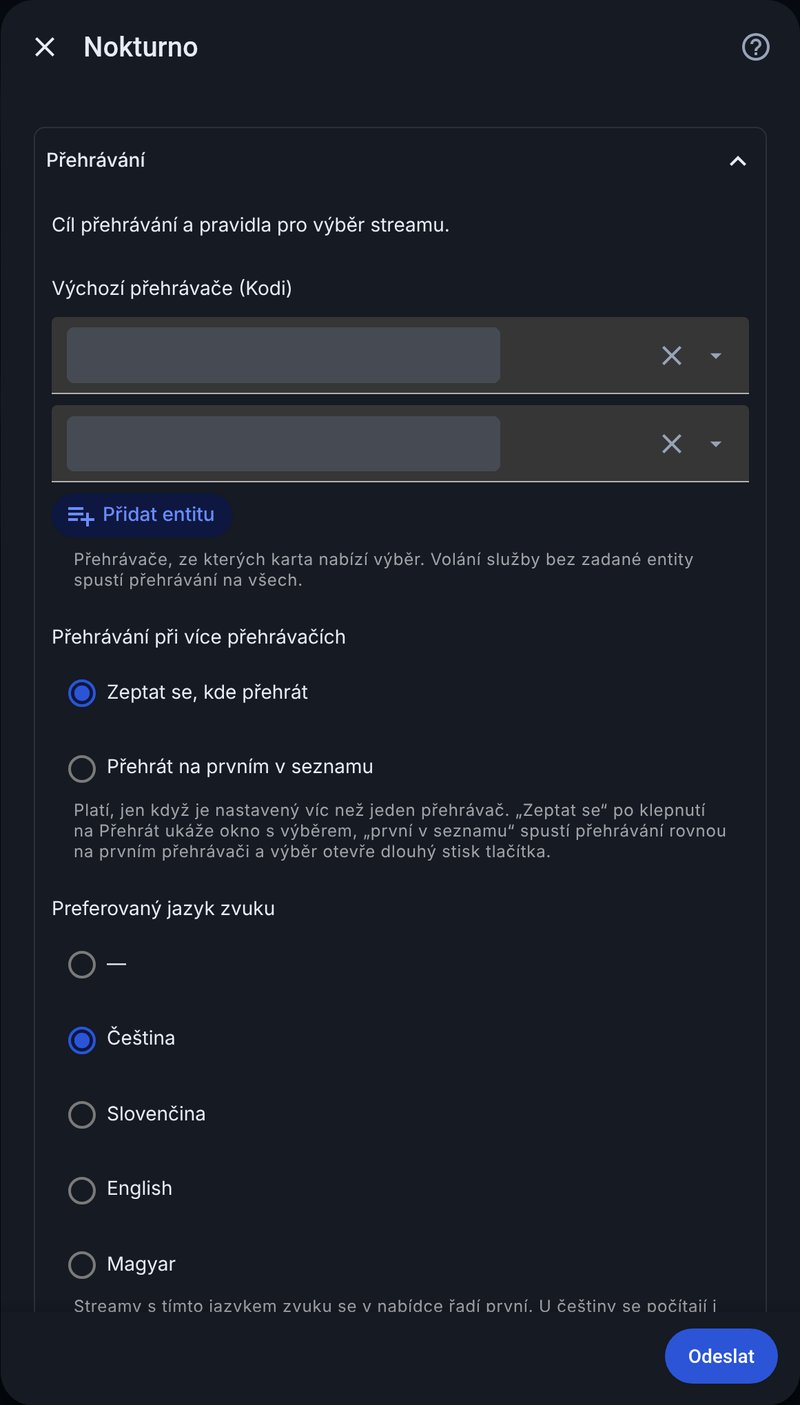 Sekce Přehrávání ve formuláři integrace