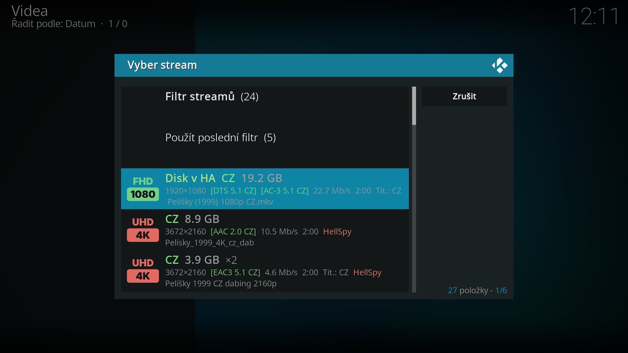 Dialog výběru streamu: nahoře soubor z vlastního úložiště, pod ním 4K z HellSpy