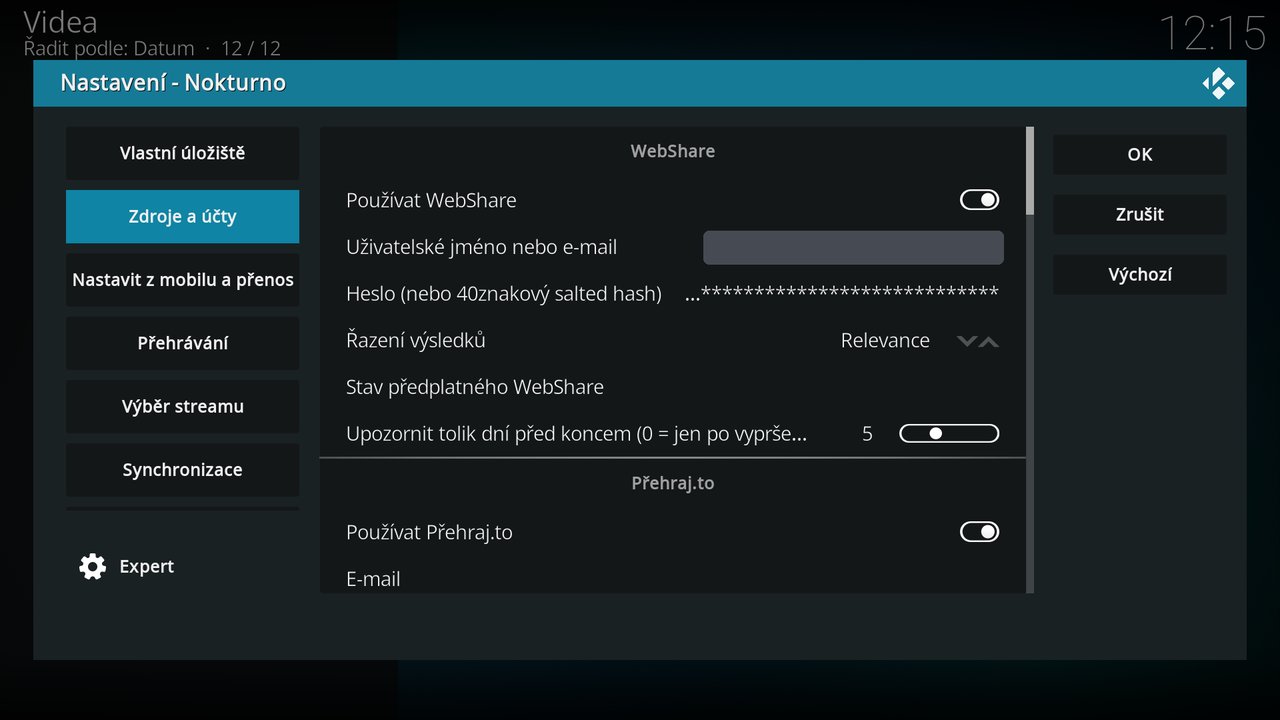 Kategorie Zdroje a účty, skupina WebShare